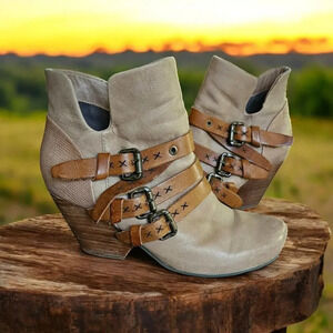 Otbt Lasso Brown Bootie Boots 9.5 Distressed Boho Western Buckle Strappy Cowgirl